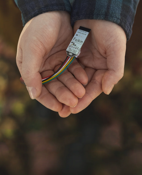 Two hands hold an electronic Faikin and cable.