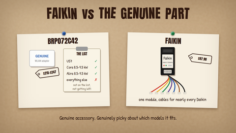 Faikin Faikout vs Daikin BRP072C42: the genuine WiFi adaptor's short model list compared with cables for most Daikin units