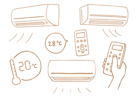 Hand drawn illustration of air conditioner units and remote controls.