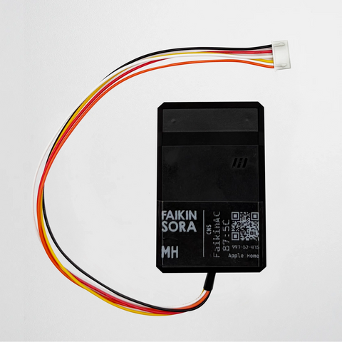A black rectangular Faikin Sora AC Home Automation kit for Apple Home with a forked cable, featuring the text 'FAIKIN SORA MHI' on a light gray background.