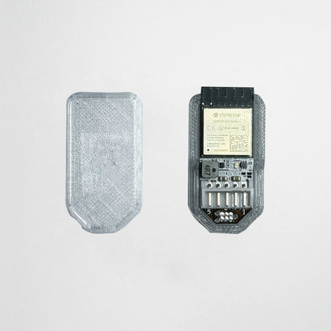 One electronic device with translucent protector case on a light gray background