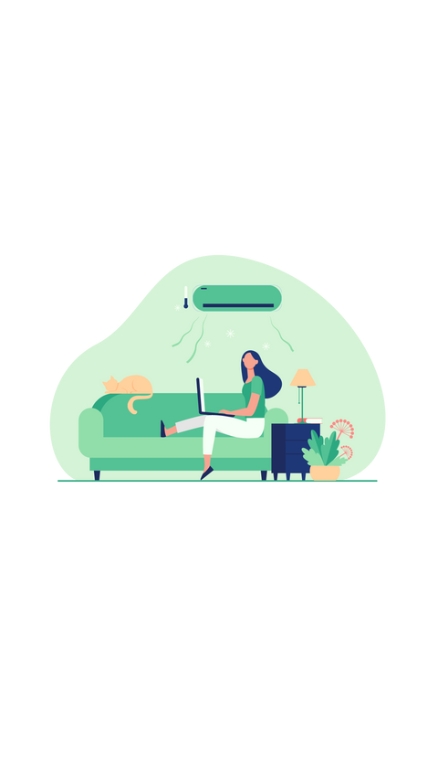 Hand drawn illustration of a woman sitting on a sofa with a cat nearby, and a wall mounted air conditioner unit.