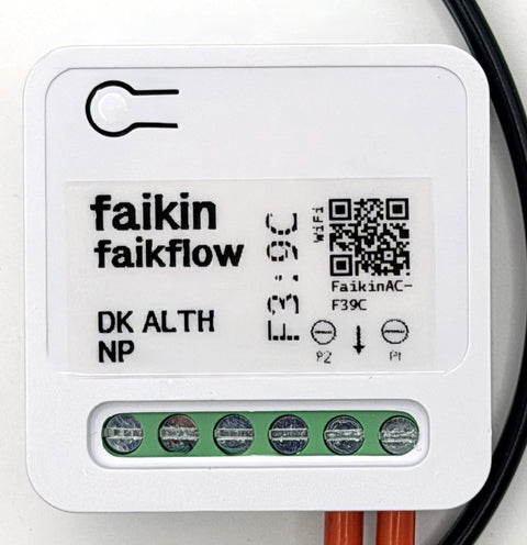 Faikin Faikflow label close-up showing the DK ALTH NP build, Wi-Fi setup QR code and the P1 and P2 terminals