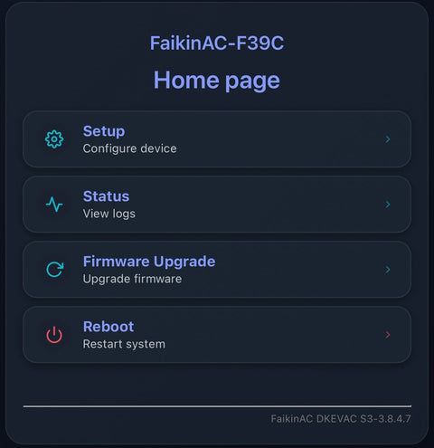 The Faikflow built-in web page on a phone, with Setup, Status, Firmware Upgrade and Reboot