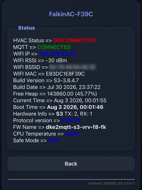 Faikflow status page showing MQTT connected, local IP address, P1P2_E protocol and firmware version